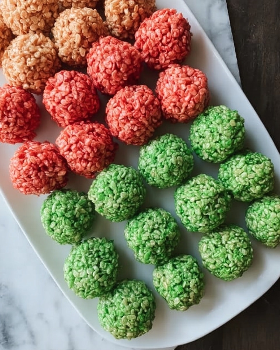 The image shows a white plate filled with two rows of round, crispy treats made from puffed rice. The top row has bright red balls with a rough, crunchy texture, tightly packed together. Below, there are two rows of green balls with the same rough, crunchy puffed rice texture, evenly spaced and neatly arranged. The white plate is set on a white marbled surface. photo taken with an iphone --ar 4:5 --v 7