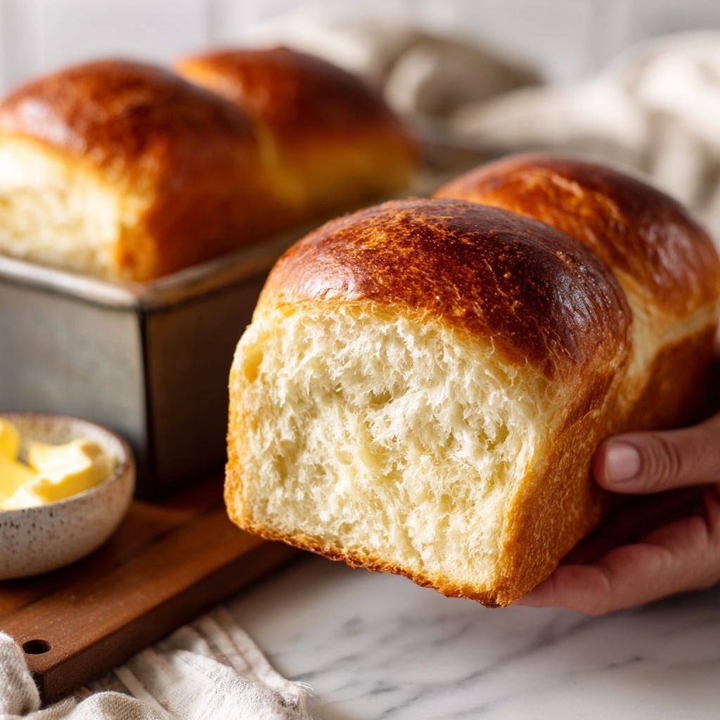 A close-up view of a soft, golden brown homemade bread loaf with a shiny, slightly crispy top crust and a fluffy, airy inside shown from the side, sitting on a wooden board with a small bowl of butter blurred in the background, and below it, two golden brown bread loaves with slightly wrinkled tops in a gray baking pan held by a woman's hand, all set against a white marbled surface. photo taken with an iphone --ar 4:5 --v 7