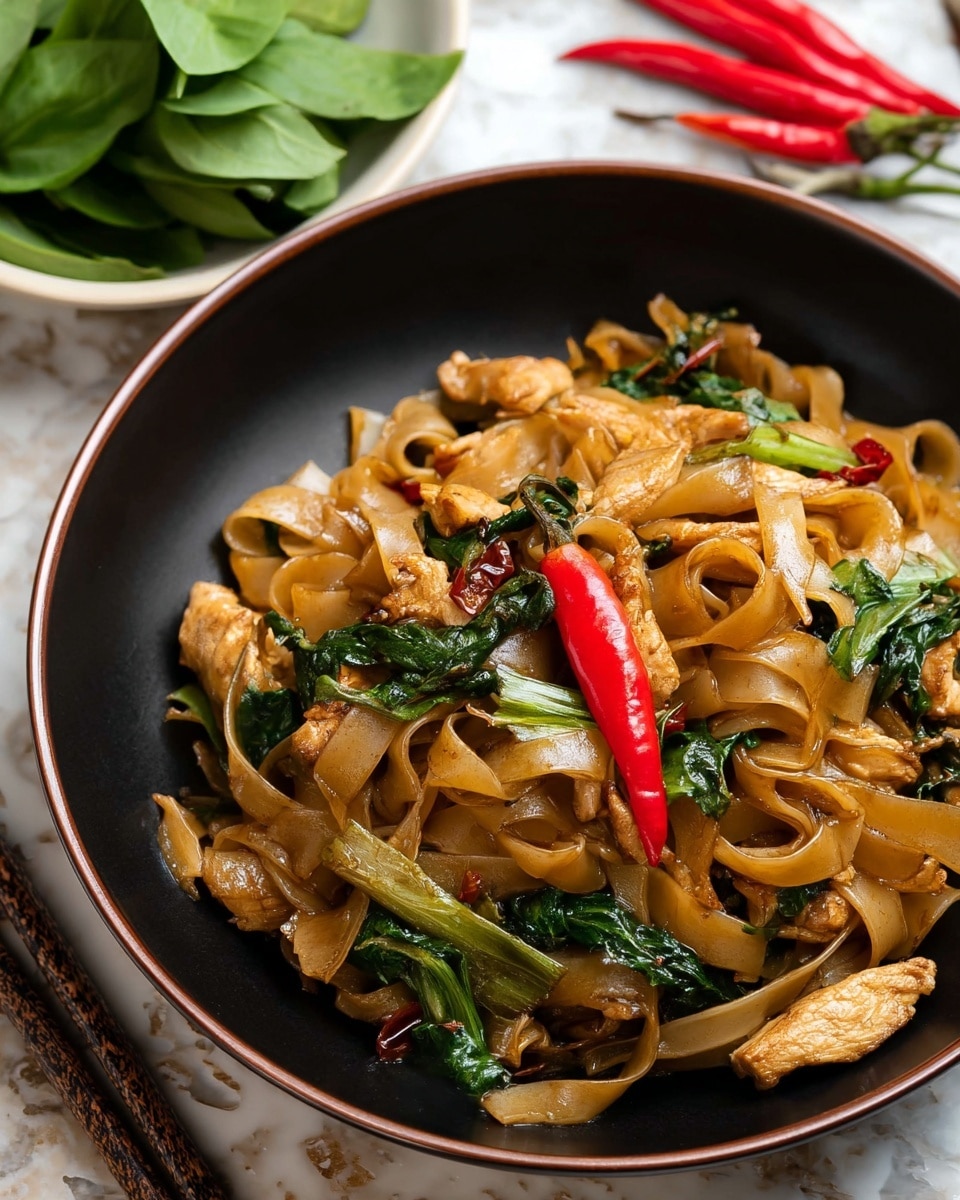 A close-up view of a black bowl filled with wide, flat brown noodles coated in a glossy sauce, mixed with green leafy vegetables and pieces of golden-brown cooked chicken, topped with a whole red chili pepper. Around the bowl, there are chopsticks resting on the side, and in the corner, a white bowl filled with fresh green leaves and two red chili peppers can be seen. The whole scene is set on a white marbled textured surface. photo taken with an iphone --ar 4:5 --v 7