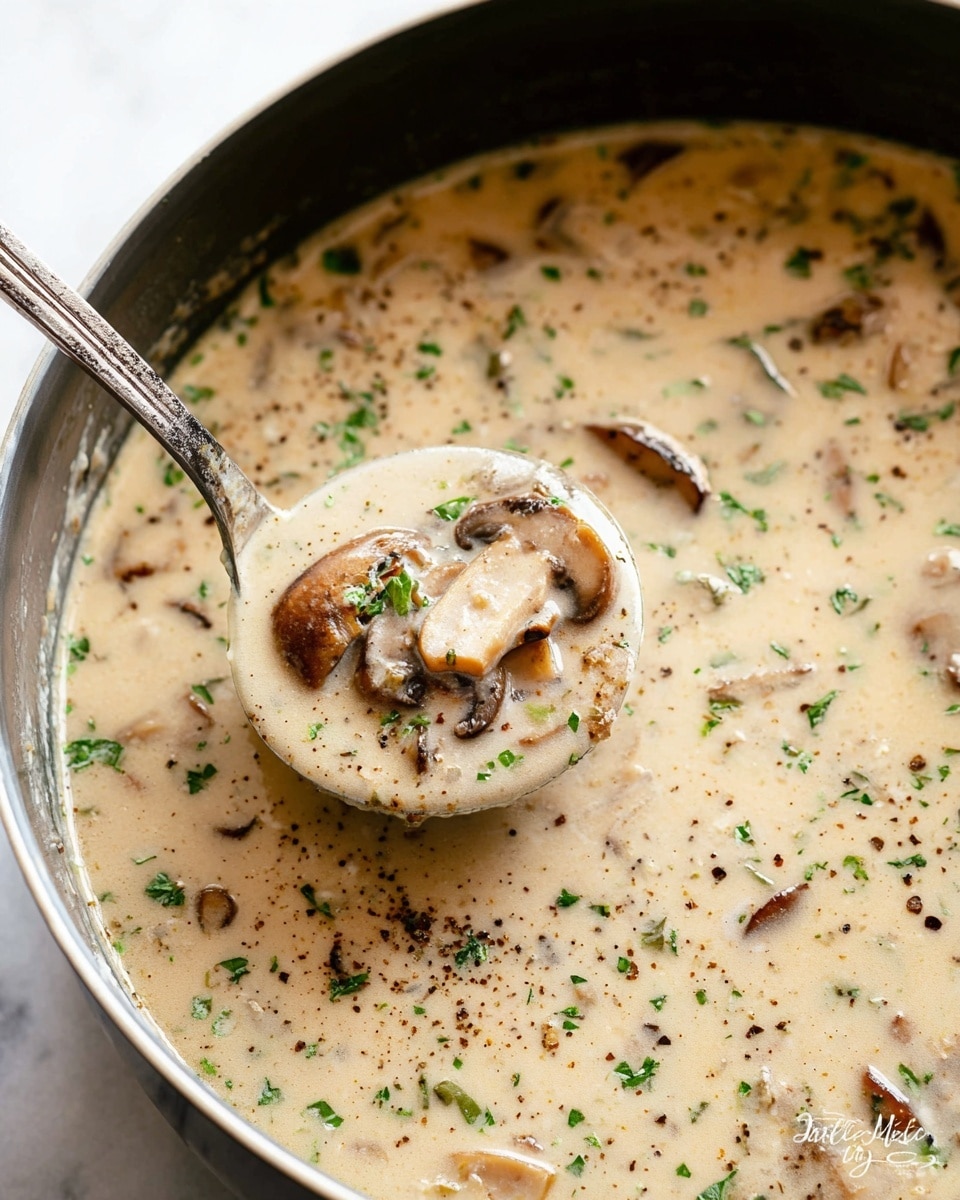 The image shows a close-up of creamy mushroom soup inside a pan. The soup has one main layer that is thick and light beige in color, with pieces of brown sliced mushrooms and small bits of onion visible. Tiny green herb specks and black pepper flakes spread throughout the soup add texture and color contrast. A silver ladle is lifting some soup, showing the creamy texture and mushroom pieces clearly. The background surface is a white marbled texture. photo taken with an iphone --ar 4:5 --v 7