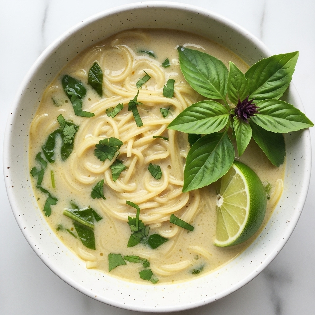 A close-up top view of a bowl filled with a creamy white broth containing thin, light yellow noodles softly floating around. Scattered throughout the soup are small green leafy bits and finely chopped green herbs. A bright green basil leaf cluster and a lime wedge rest on the right side inside the bowl, adding pops of fresh color. The bowl is white with small dark speckles on its rim and edges. The dish is placed on a white marbled surface. photo taken with an iphone --ar 4:5 --v 7