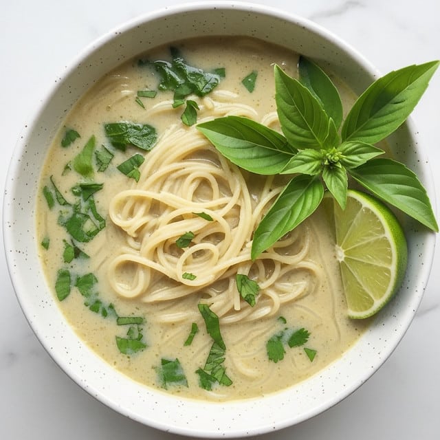 A bowl filled with creamy white soup containing thin white noodles arranged loosely in the light broth, with scattered bright green chopped herbs and spinach leaves floating on top. Near the edge of the bowl, there is a fresh basil leaf cluster and a wedge of lime showing its pale green inside. The bowl itself is white, sitting on a white marbled surface, giving a clean and fresh look. The textures show smooth broth with gentle swirls around the soft noodles and leafy greens. photo taken with an iphone --ar 4:5 --v 7