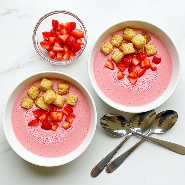 Two white bowls filled with a smooth pink creamy base topped with a small pile of golden-brown toasted bread cubes and bright red chopped strawberries, placed on a white marbled surface. Next to the bowls, there is a small clear glass bowl with more chopped strawberries and two silver spoons with simple handles. The texture of the pink base is slightly frothy with tiny bubbles visible, and the strawberries add a fresh, juicy look. photo taken with an iphone --ar 4:5 --v 7