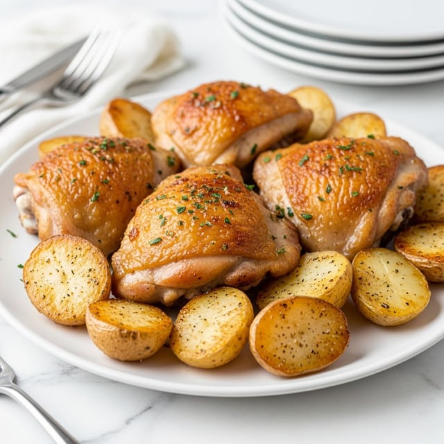 A white plate holds a serving of roasted chicken thighs with golden brown, crispy skin, arranged in the center. Around the chicken are small roasted baby potatoes, golden yellow with a slightly crispy edge and sprinkled with herbs. The plate is set on a white marbled surface, giving a clean and bright background. The dish looks warm and inviting, showing a mix of textures with juicy chicken and soft potatoes, all evenly cooked and seasoned. Photo taken with an iphone --ar 4:5 --v 7