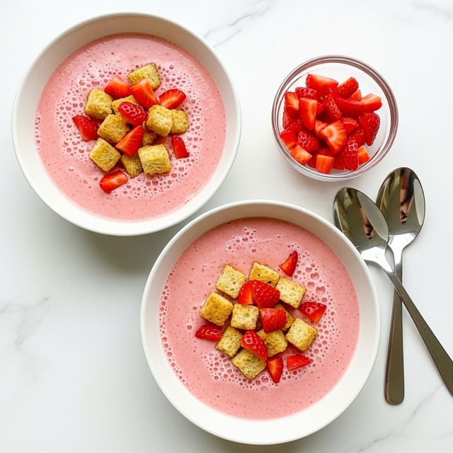 Two white bowls filled with a smooth, light pink creamy soup serve as the base layer. On top of each bowl, there are golden brown toasted bread cubes scattered alongside small, bright red chopped strawberries, creating a contrasting texture and color on the surface. To the right side, there is a clear glass bowl filled with more chopped strawberries. Two silver spoons lie next to the bowls on a white marbled textured background. photo taken with an iphone --ar 4:5 --v 7