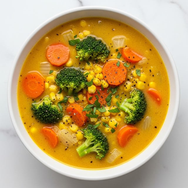 A white bowl filled with creamy vegetable soup sits on a white marbled surface. The soup has a thick, yellow-orange broth with visible chunks of bright orange carrots, deep green broccoli florets, and small yellow corn kernels evenly spread throughout. There are small flecks of black pepper and a sprinkle of finely chopped fresh green herbs on top, adding texture and color contrast. The broth looks smooth and rich, with the vegetables floating in it naturally, giving a fresh and hearty appearance. photo taken with an iphone --ar 4:5 --v 7