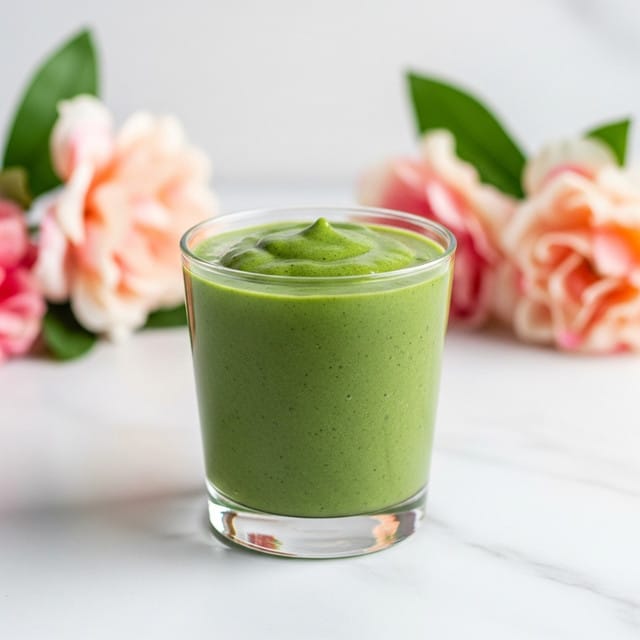 A short clear glass filled with a thick green smoothie sits on a white marbled surface. In the background, soft pink and peach flowers with green leaves are slightly blurred, adding a gentle touch of color. The smoothie has a smooth, creamy texture and fills the glass close to the top. Photo taken with an iphone --ar 4:5 --v 7