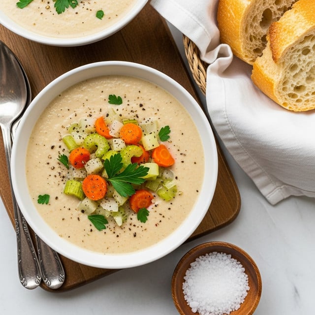 A white bowl filled with thick creamy soup, pale beige in color, topped with small chunks of orange carrots, green celery, and white onions, sprinkled lightly with black pepper and fresh green parsley leaves. The bowl is placed on a wooden board, with a second bowl partly visible at the top left containing the same soup. To the right is a basket lined with white cloth holding a piece of golden-brown crusty bread. Below the bowl is a small wooden bowl of coarse salt, all set against a white marbled table surface. Photo taken with an iphone --ar 4:5 --v 7