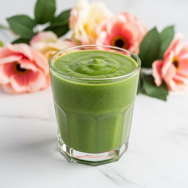 A clear glass filled with a thick, green smoothie stands on a white marbled surface. In the background, there is a soft focus of pink and peach flowers in a blurred bouquet, adding a warm touch of color behind the glass. The smoothie is smooth and consistent with a bright green shade, and the glass is simple and rounded at the bottom. The light softly shines on the glass, highlighting the fresh texture of the drink. Photo taken with an iphone --ar 4:5 --v 7
