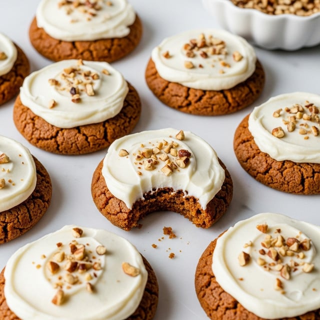 The image shows several round cookies with a soft brown color and slightly cracked surface. Each cookie has a thick layer of smooth, creamy white frosting spread evenly over the top. Small pieces of light brown chopped nuts are sprinkled on the frosting, adding texture and contrast. One cookie near the center has a bite taken out, displaying its dense, moist interior. The cookies are arranged close together on a white marbled surface, with a white scalloped bowl filled with more chopped nuts in the background. The photo taken with an iphone --ar 4:5 --v 7
