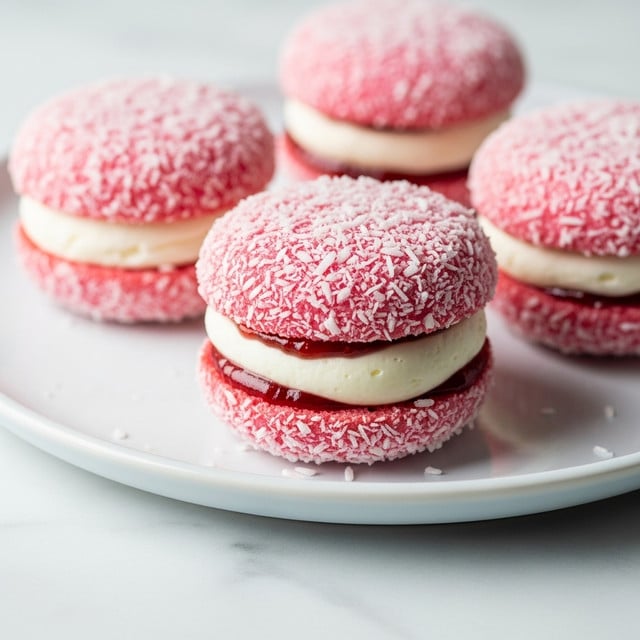 The image shows three small, round pink cream puffs on a white plate with a light blue rim. Each puff is made of two fluffy, soft pink layers covered in shredded coconut. Between these layers is a swirl of thick white cream and a layer of red jam, adding a mix of smooth and creamy textures. The plate sits on a white marbled surface, with soft focus on green and light pink colors in the background. The overall look is soft, fresh, and colorful. photo taken with an iphone --ar 4:5 --v 7