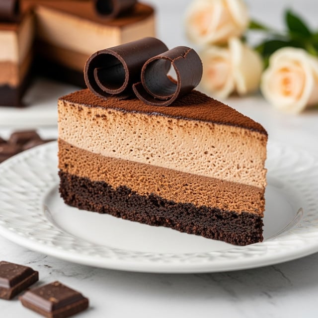 A slice of rich chocolate mousse cake is shown on a white plate. The cake has three layers: a dark, crumbly chocolate crust at the bottom, a thick middle layer of smooth, light brown chocolate mousse, and a thin top layer of darker chocolate cocoa powder. On top of the cake, there are curled dark chocolate shavings arranged in a spiral. The slice sits on a white marbled surface with some scattered chocolate pieces nearby. The background is softly blurred with pale roses visible. Photo taken with an iphone --ar 4:5 --v 7