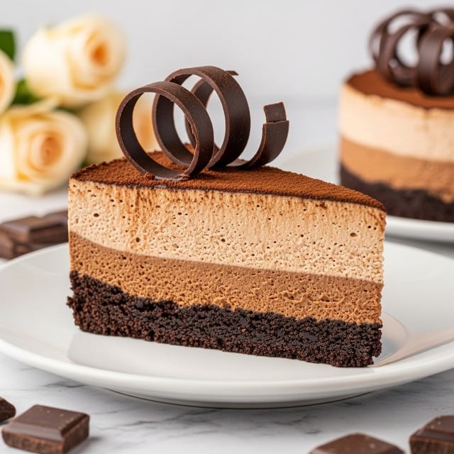 A slice of chocolate mousse cake on a white plate sits on a white marbled surface. The cake has three clear layers: a dark brown crumbly base, a thick middle layer of light brown chocolate mousse, and a thin top layer of darker, smooth chocolate cream sprinkled with fine cocoa powder. On top of the slice, there are several curly chocolate shavings arranged neatly in the center. Small chocolate pieces lie on the plate in front of the cake. The background shows soft, blurred cream-colored flowers. Photo taken with an iphone --ar 4:5 --v 7