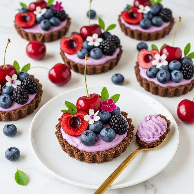 The image shows small tarts with three visible layers: a dark chocolate crumb crust as the base, a smooth light purple filling in the center, and fresh fruit and flowers on top. Each tart is decorated with shiny red cherries, halved cherries, blueberries, blackberries, small white flowers, and tiny pink flowers with green leaves. One tart in the front is on a white plate, with a golden spoon holding a scoop of the tart next to it. The background is a white marbled texture covered with scattered blueberries, cherries, and small white flowers, creating a fresh and colorful look. photo taken with an iphone --ar 4:5 --v 7
