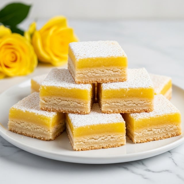 A stack of seven square lemon bars sits on a white plate, each bar showing two main layers: a thin, pale golden crust at the bottom and a thick, bright yellow lemon filling on top. The lemon filling looks smooth and slightly glossy, while the crust appears crumbly and firm. The top of each bar is dusted with a light layer of white powdered sugar, adding a soft texture contrast. The plate is set on a white marbled surface, and two blurred yellow roses are visible in the background, adding a gentle touch of color. photo taken with an iphone --ar 4:5 --v 7