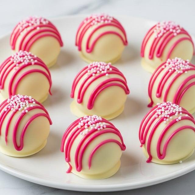 A white plate holds nine round treats covered in smooth white chocolate. Each treat is decorated with thin, pink wavy lines drizzled on top and small pink crushed pieces sprinkled over them. The treats are arranged in three rows of three on a white marbled surface. photo taken with an iphone --ar 4:5 --v 7