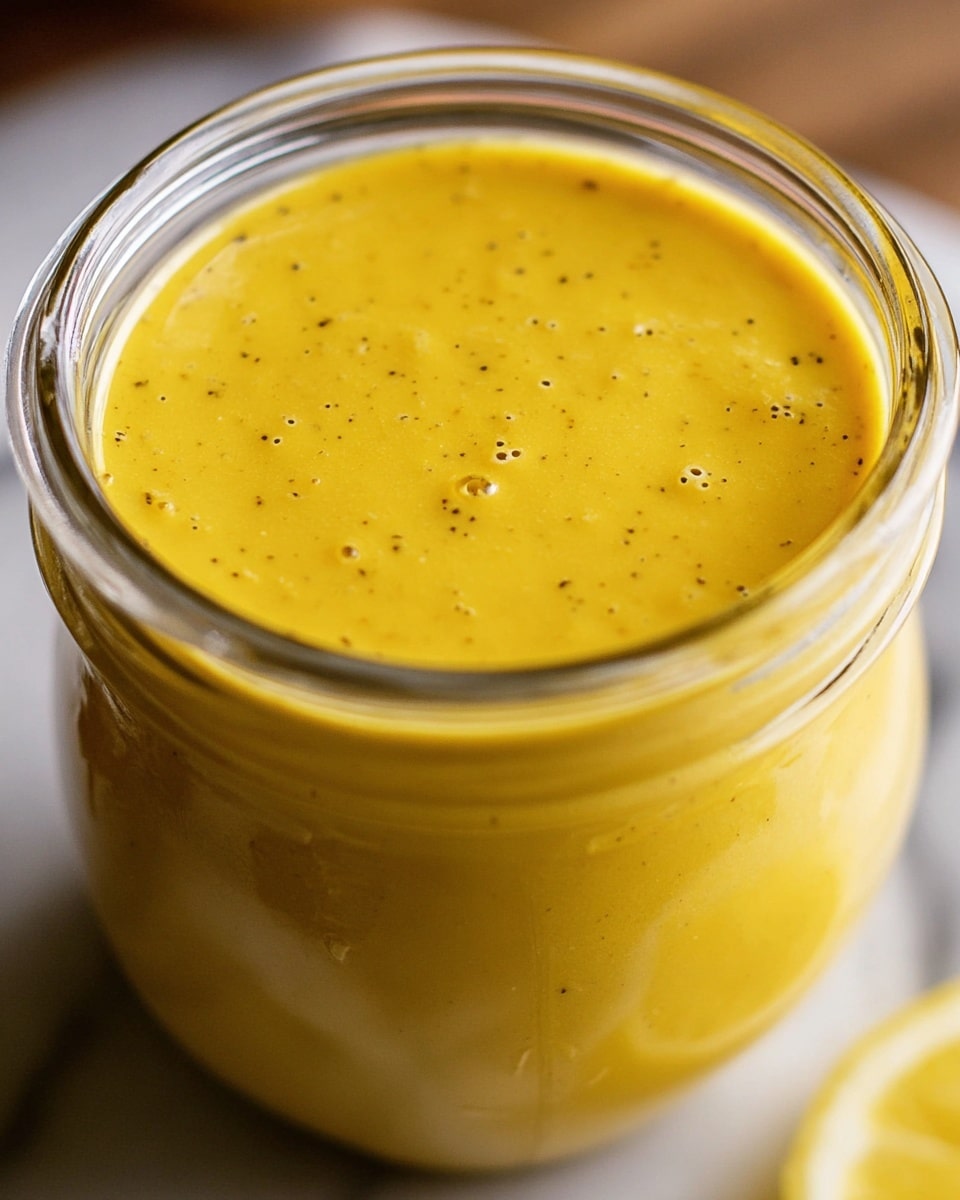 A close-up view of a glass jar filled with smooth, creamy mustard yellow dressing with tiny black specks evenly spread throughout. The jar sits on a wooden surface partially shown at the bottom, and part of a lemon slice is visible in the lower right corner. The jar's rounded lip and clear glass reveal the thick texture of the dressing inside, which has a slightly glossy finish and a few small bubbles near the surface. The background is softly blurred with a white marbled texture. photo taken with an iphone --ar 4:5 --v 7