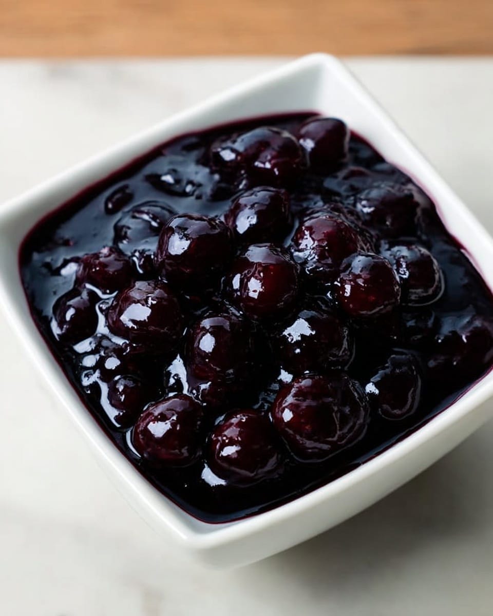 The image shows a white square bowl filled with a thick, glossy dark purple berry sauce, with whole berries visible throughout the sauce, giving it a bumpy texture. The bowl is placed on a white marbled surface, and the sauce almost reaches the top edge of the bowl, reflecting light to show its shiny, wet appearance. photo taken with an iphone --ar 4:5 --v 7