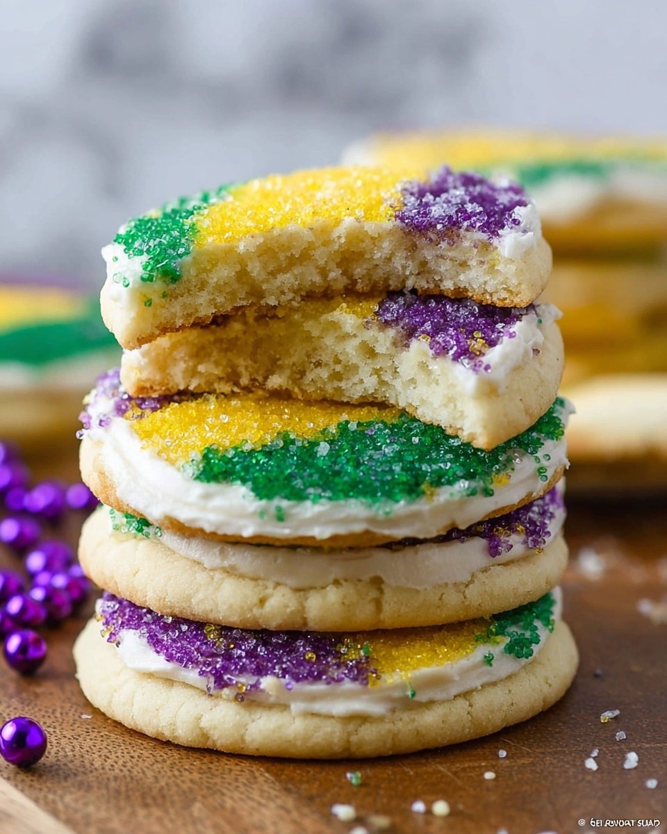A stack of four round sugar cookies is shown, each about the same size and thickness, with a crumbly, light beige texture. The top cookie has a bite taken out of it, revealing the soft inside. Each cookie is decorated with white frosting covered in colorful sugar crystals in three sections: green on the left, yellow in the middle, and purple on the right. The sugar crystals have a sparkling, grainy texture that contrasts with the smooth frosting and crumbly cookie. The cookies rest on a wooden surface with some blurred cookies and purple beads in the background, all set against a white marbled texture. photo taken with an iphone --ar 4:5 --v 7