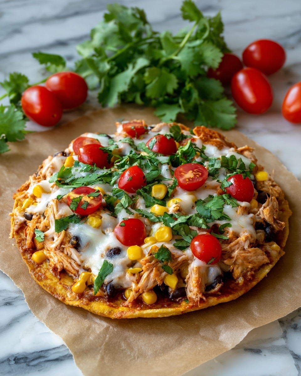 The dish is a single-layer crispy corn tortilla base topped with shredded cooked chicken seasoned with spices. On top of the chicken, there are melted yellow and white cheeses that look soft and gooey. Scattered throughout are black beans and yellow corn kernels. Bright red cherry tomato pieces and fresh green cilantro leaves are sprinkled on the top, adding fresh color. The dish is placed on a white marbled surface with some loose cilantro leaves and cherry tomatoes around it. Photo taken with an iphone --ar 4:5 --v 7