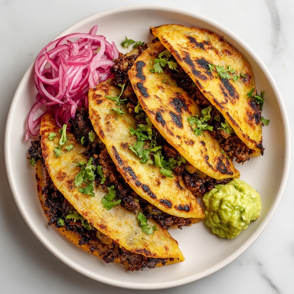 The image shows four folded tacos arranged on a white plate, each taco having a golden-brown crispy outer shell with some charred spots, filled with a dark, slightly textured meat mixture with visible small green herb bits. On the left side of the plate, there is a small pile of thinly sliced red onions, bright and fresh in color. On the right edge of the plate, there is a light green dollop of guacamole, showing a creamy texture with a few small chunks. Small cilantro leaves are scattered on top of the tacos, adding touches of green. The plate sits on a white marbled surface. Photo taken with an iphone --ar 4:5 --v 7