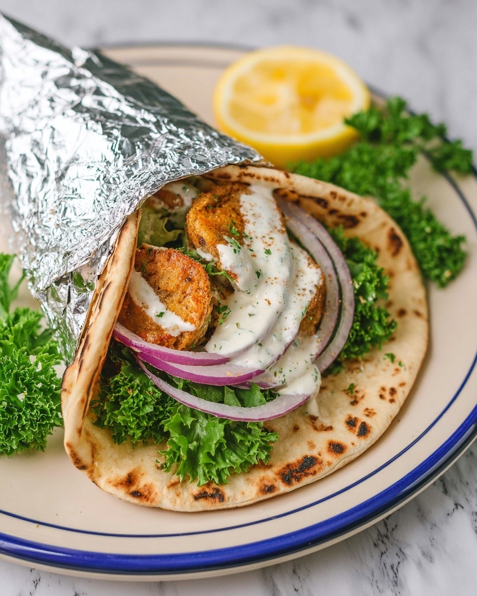 A close-up photo of a pita wrap partially covered in shiny foil, placed on a white plate with a blue rim, resting on a white marbled texture. The wrap shows three main visible layers: the bottom layer is fresh green lettuce and thin slices of red onion, the middle layer is golden-brown fried falafel balls, and the top layer is a thick, creamy white sauce spread over the falafel. On the plate beside the wrap, there is a slice of lemon and some curly parsley for garnish. Photo taken with an iphone --ar 4:5 --v 7