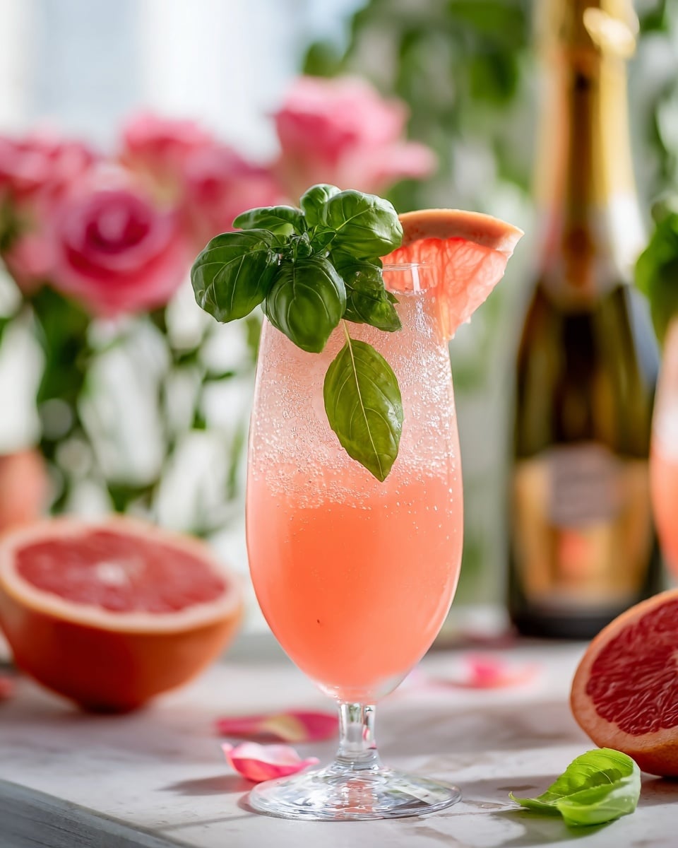 A tall clear wine glass stands on a white marbled surface, filled with a pink bubbly drink in one main layer that has ice cubes inside, topped with a small layer of foam. Inside the drink near the top floats a large green basil leaf. The glass is garnished with a small bunch of basil leaves on the left side and a pink grapefruit slice placed on the right rim. Around the glass are scattered pink roses and half of a pink grapefruit. The background shows blurred red heart shapes and a dark bottle with a gold top. Photo taken with an iphone --ar 4:5 --v 7