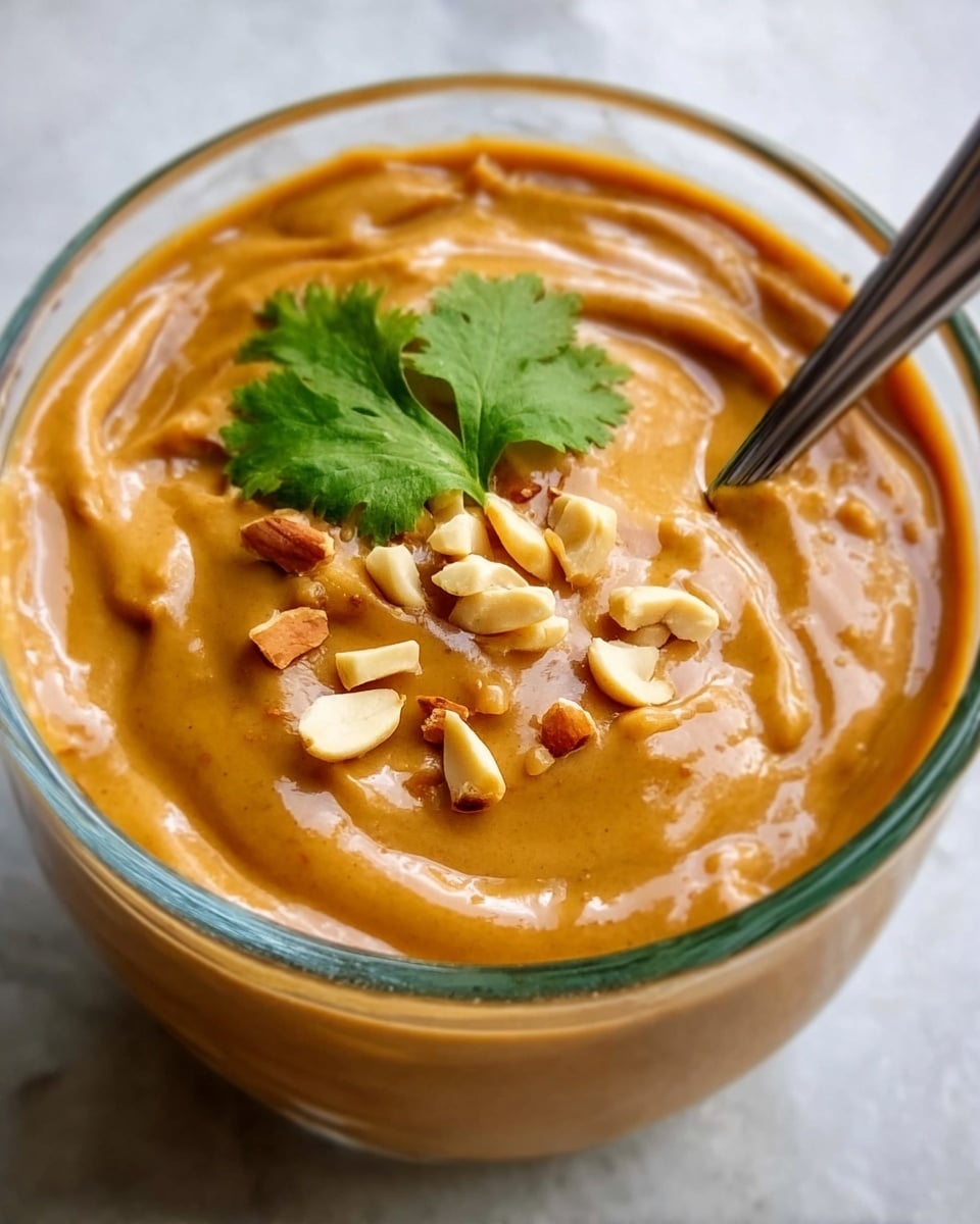 A close-up of a clear glass bowl filled with smooth, creamy peanut butter that has a rich light brown color and a shiny surface. On top of the peanut butter, there are small pieces of chopped peanuts scattered around, adding a crunchy texture. A fresh green cilantro leaf sits in the center, providing a pop of color. A silver spoon is resting inside the bowl, slightly dipping into the peanut butter. The bowl is placed on a white marbled surface. photo taken with an iphone --ar 4:5 --v 7