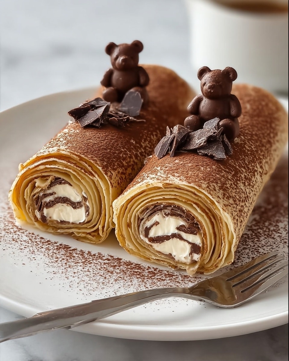 Two rolled crepes sit side by side on a white plate, each revealing multiple thin layers of light brown crepe and creamy white filling spiraled inside. The top of the rolls is dusted with fine cocoa powder, giving a smooth, dark brown coat. On top of each roll, there are small, dark chocolate pieces shaped like bears and some chocolate shavings scattered around. The plate rests on a white marbled texture surface, and a fork is placed near the plate’s edge. photo taken with an iphone --ar 4:5 --v 7