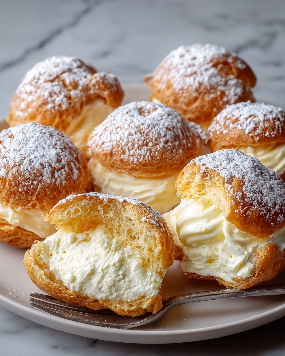 The image shows six cream puffs arranged on a white plate with a thin gold rim, placed on a white marbled surface. Each cream puff has two layers: a top layer of golden-brown, airy, and textured choux pastry dusted with powdered sugar, and a bottom layer filled generously with smooth, light, white cream that looks soft and fluffy. One cream puff in the front is cut open, showing the thick layer of creamy filling between the airy pastry halves. The powdered sugar is lightly scattered on the plate around the cream puffs, enhancing their delicate appearance. Photo taken with an iphone --ar 4:5 --v 7