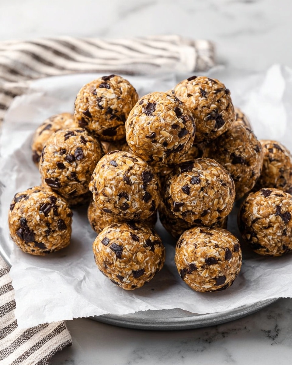 A pile of round, no-bake energy bites with a golden-brown color, filled with visible oats and small dark chocolate chips scattered throughout, placed on a sheet of white parchment paper. The energy bites have a rough, textured surface that shows the mix of oats and chocolate pieces. They are arranged in a small mound, some touching each other, on a white marbled background with a silver tray edge partially visible beneath the parchment paper. A striped cloth is slightly seen at the bottom left corner. Photo taken with an iphone --ar 4:5 --v 7