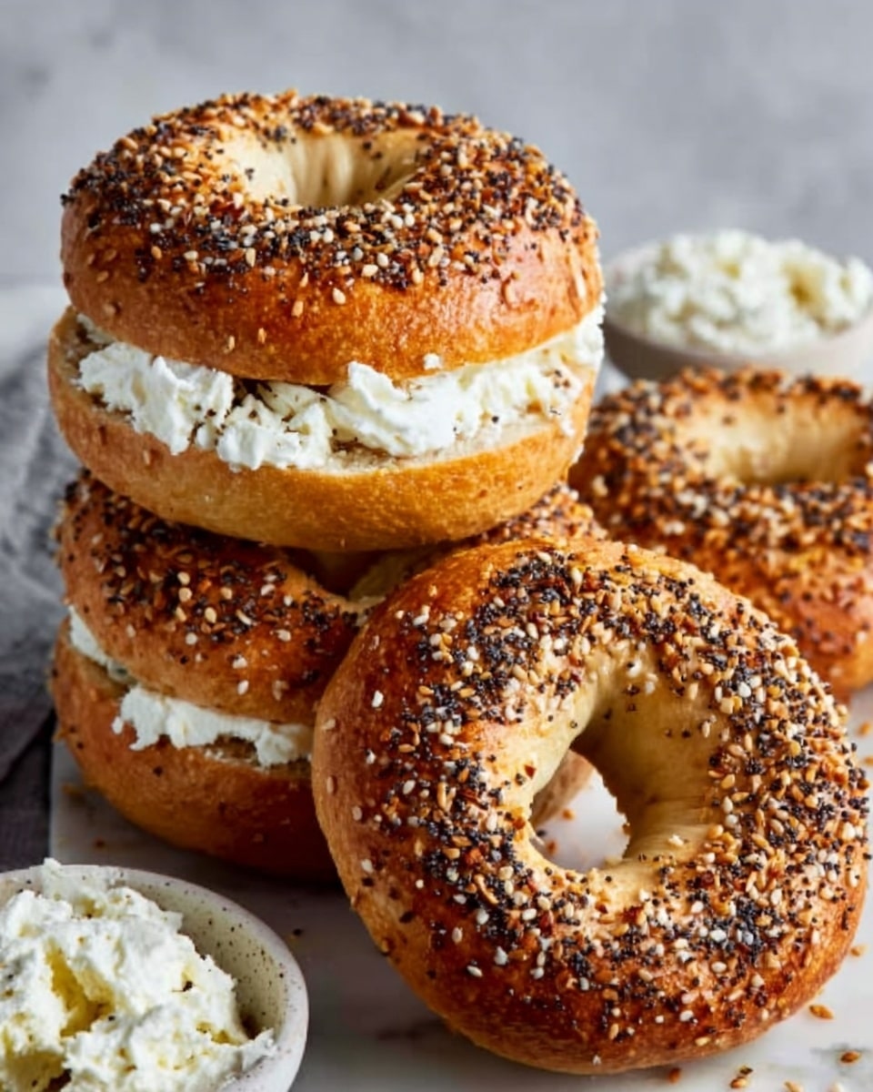 The image shows a stack of four golden brown bagels topped with a mix of sesame seeds, poppy seeds, and salt, giving them a textured, crunchy look. The top bagel is cut open and filled with creamy, white soft cheese, which appears smooth and rich. They rest on a white marbled surface, and in the background, there is a small white bowl filled with more of the same soft cheese. The bagels are round with a slightly shiny surface from a light glaze, and the cheese filling visibly contrasts with the warm, toasted color of the bagels. photo taken with an iphone --ar 4:5 --v 7