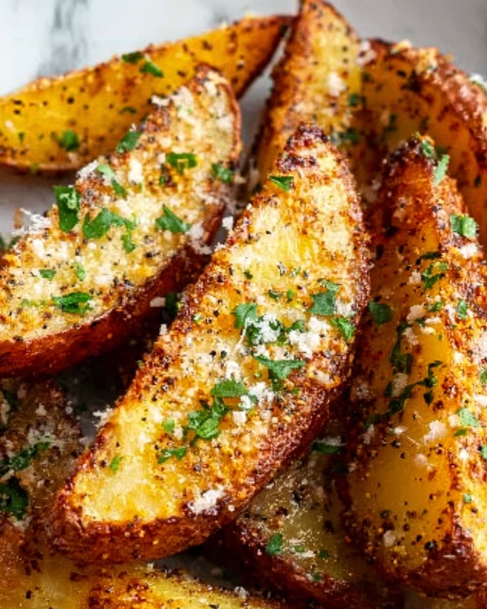 The image shows several thick potato wedges stacked closely on a white plate, each wedge covered with a crispy, golden-brown crust mixed with green herbs and small bits of seasoning. The inside of the wedges is soft and creamy, with a warm yellow color contrasting with the darker, crunchy outside. Tiny bits of freshly chopped green parsley are sprinkled evenly on top, adding a fresh touch. The whole scene sits on a white marbled surface, with a warm natural light enhancing the texture and color of the potatoes. photo taken with an iphone --ar 4:5 --v 7