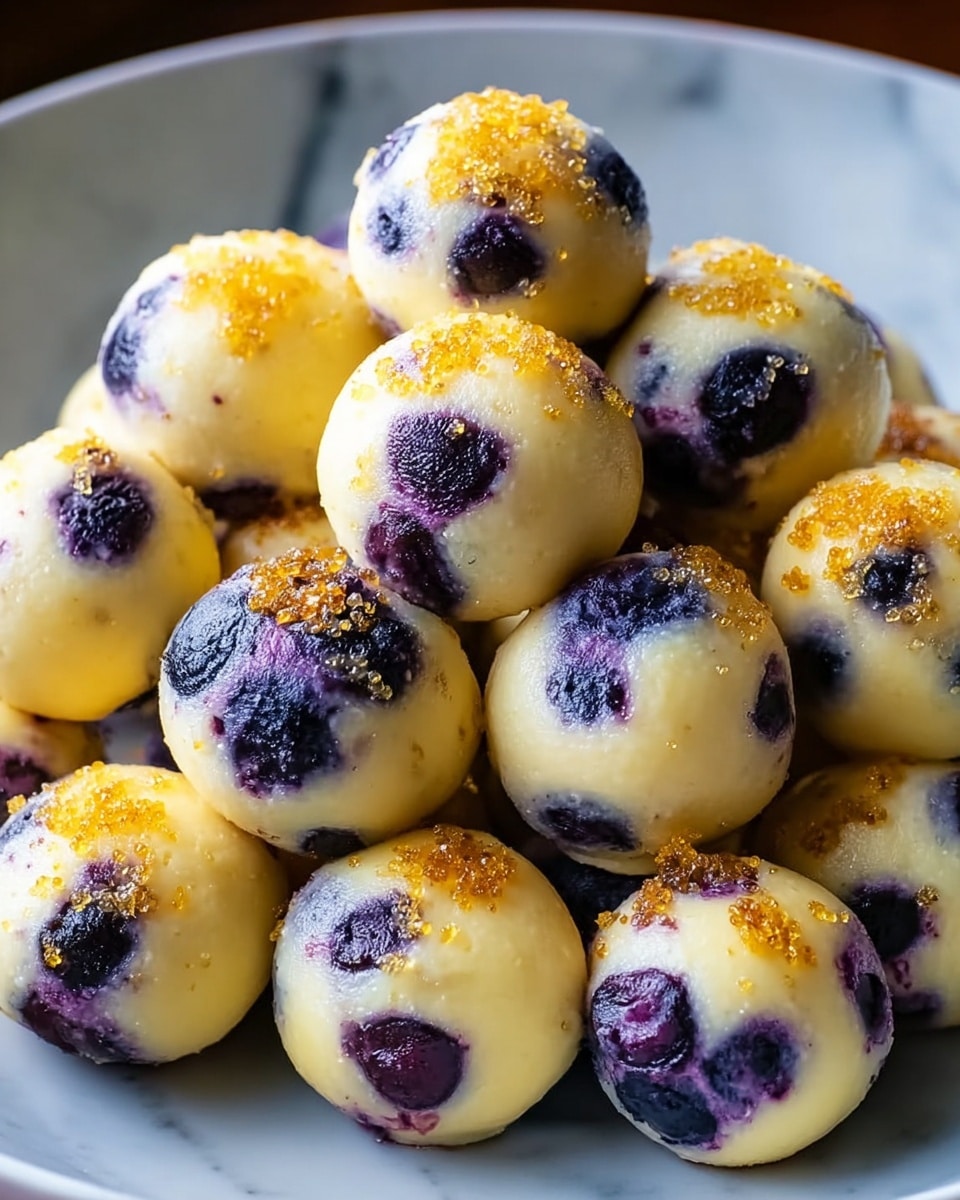 The image shows a close-up of a pile of small round blueberry desserts on a white plate. Each dessert has a creamy, pale yellow outer layer with visible whole blueberries embedded inside, giving a mix of dark purple and black spots across the surface. Some of the treats are sprinkled lightly with golden brown sugar crystals that add texture and shine. The background is a white marbled texture, and the lighting highlights the glossy, smooth finish of the creamy coating. photo taken with an iphone --ar 4:5 --v 7