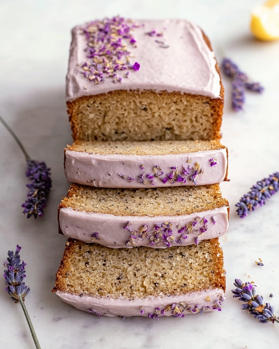 A rectangular loaf cake is shown with three slices cut and slightly separated, each slice revealing a soft, light brown interior speckled with tiny darker bits, indicating texture. The top of the loaf and the frosting layers between the slices are covered with a smooth, pale lavender icing that has a creamy texture and tiny dark lavender sprinkles scattered on top. The edges of the cake are golden brown with a slightly crisp look. The background is a white marbled texture, and to the left, there are a few small sprigs of lavender flowers resting next to the cake. photo taken with an iphone --ar 4:5 --v 7