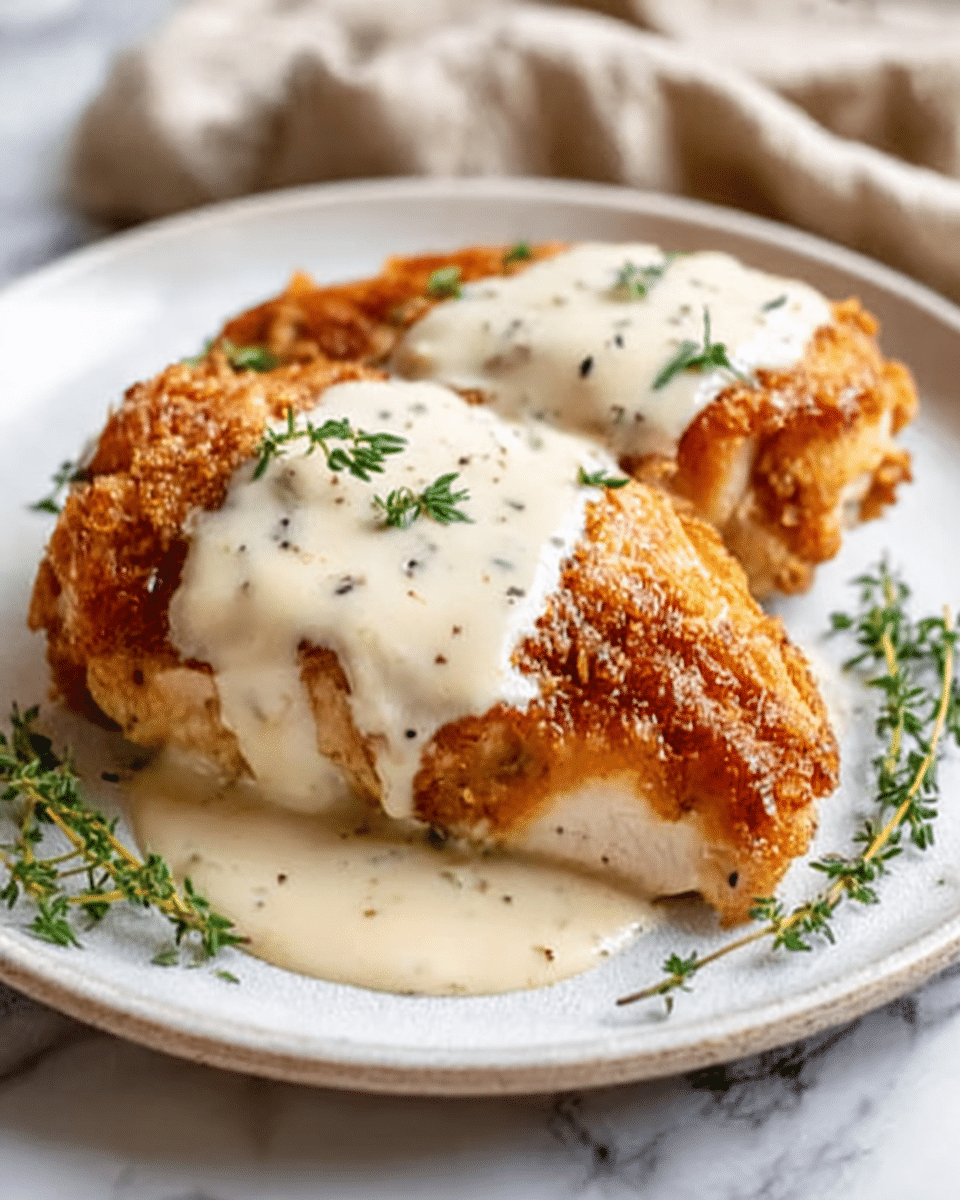 A white plate holds two pieces of golden-brown pastry with a crispy texture on top. Each pastry is covered with a creamy, light beige sauce that drips slightly onto the plate. Small green herb flakes are sprinkled over the creamy sauce and the pastries, adding a touch of color. Around the plate, there are sprigs of fresh green herbs. The whole scene is set on a white marbled surface. Photo taken with an iphone --ar 4:5 --v 7