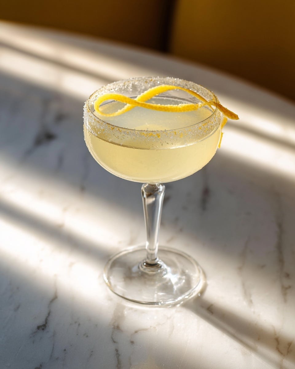 A clear pale yellow cocktail fills a transparent coupe glass with a thin layer of ice inside. The glass rim is lightly coated with salt, giving a sparkling texture around the top edge. On the surface of the drink lies a twisted lemon peel, bright yellow and curling softly. The glass stands on a white marbled surface that catches warm natural light, creating gentle reflections and soft shadows. Photo taken with an iphone --ar 4:5 --v 7