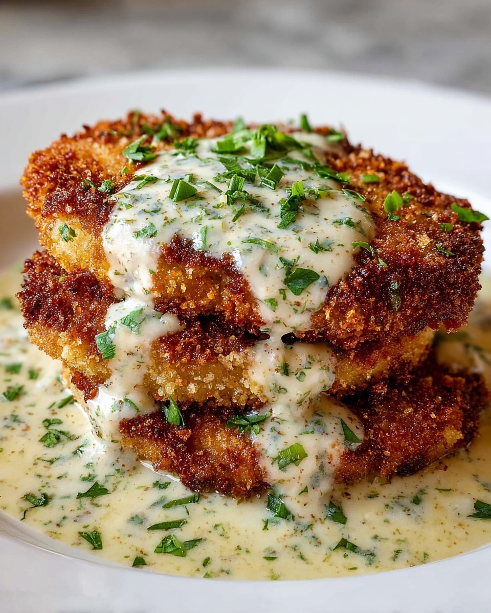 The dish shows four breaded and crispy fried cutlets stacked in a slightly angled line on a shallow pool of creamy white sauce with green herb flecks. Each cutlet has a golden-brown crust with some darker browned spots, and the sauce lightly drizzles over the top two pieces, also sprinkled with fresh chopped green herbs. The food is served on a smooth white plate resting on a white marbled texture surface. photo taken with an iphone --ar 4:5 --v 7