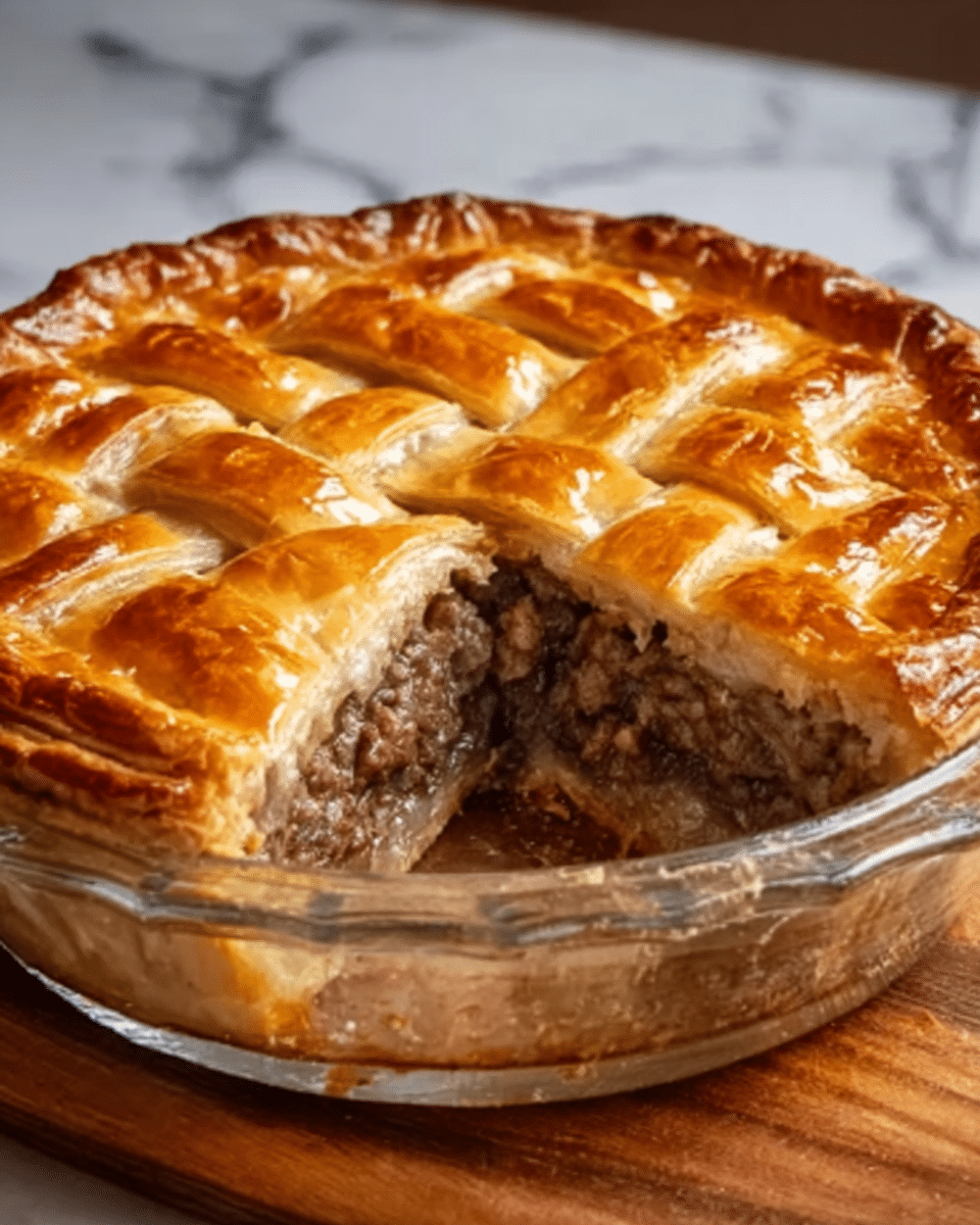 A golden brown pie with a shiny top crust featuring a woven lattice pattern, sitting in a clear glass pie dish. One slice is missing, showing thick, chunky beef filling with a rich brown color and juicy texture inside. The pie is placed on a white marbled surface with a warm wooden board underneath. photo taken with an iphone --ar 4:5 --v 7