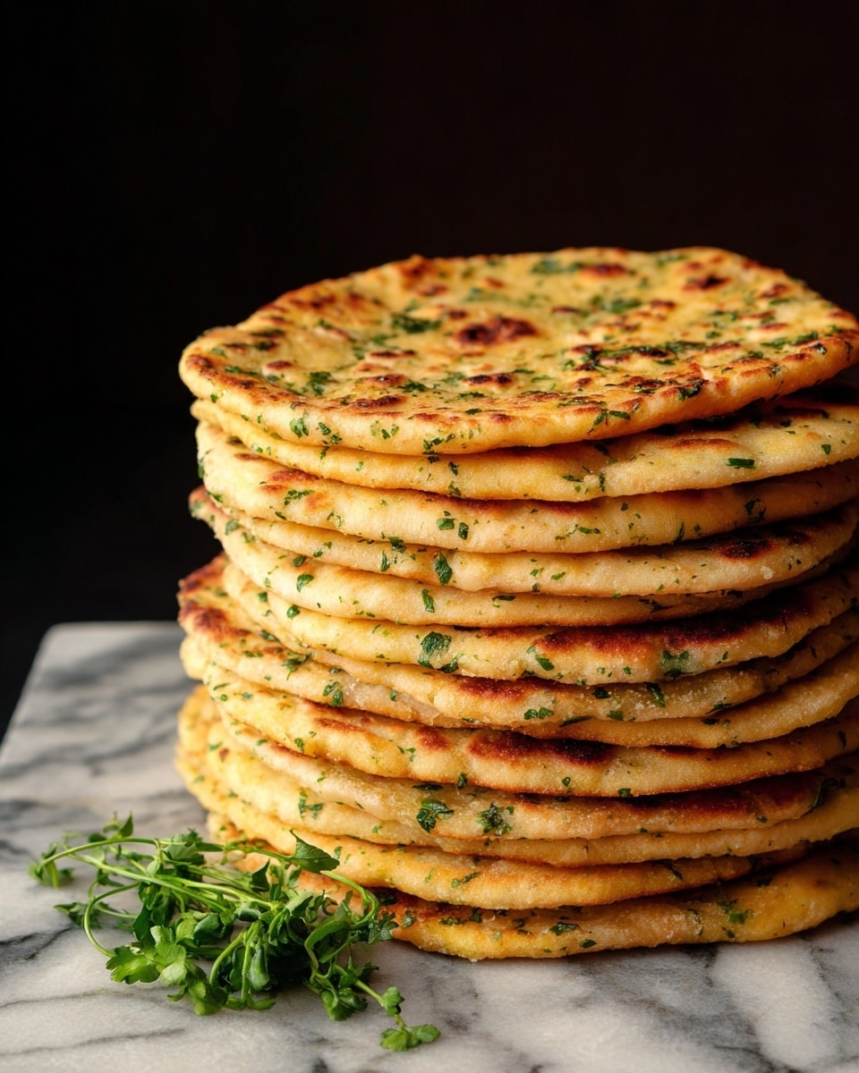 A tall stack of about ten flatbreads, each layer a light golden-brown with small darker toasted spots and sprinkled with small green herb pieces, creating a textured surface. The flatbreads are slightly puffy and soft-looking, with uneven edges, resting on a rough, rustic flat stone surface. A fresh green parsley sprig lies in front of the stack, adding a pop of color. The background is dark and out of focus, highlighting the warm tones of the flatbreads. photo taken with an iphone --ar 4:5 --v 7