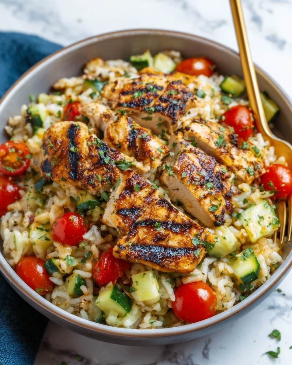 A round white plate holds a colorful dish with three grilled chicken pieces placed slightly off-center on top. Underneath the chicken is a mix of rice with visible grains, diced green zucchini, and halved red cherry tomatoes, all lightly seasoned and mixed. The textures show the chicken with clear grill marks and a juicy, browned surface, while the rice mixture looks fresh and fluffy, scattered evenly across the plate. A gold fork rests on the right side partly on the plate and partly on the white marbled surface background. photo taken with an iphone --ar 4:5 --v 7