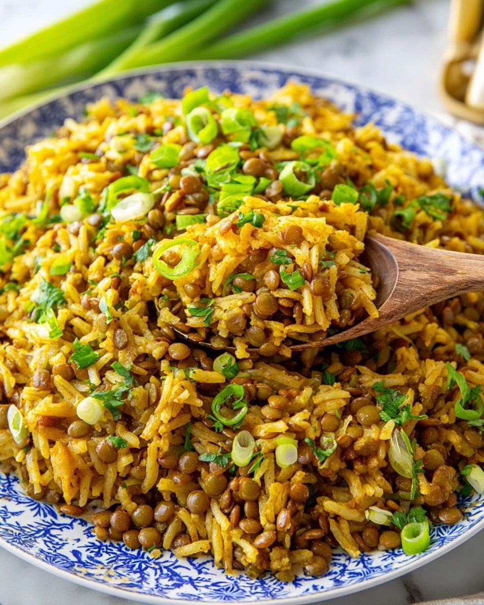 A large white plate with blue stripes on the edge is filled with a single-layer serving of yellow-orange rice mixed with brown lentils. The rice and lentils have a textured appearance with visible grains and beans throughout. Scattered on top are bright green chopped herbs and sliced green onions, adding fresh color contrast. A wooden spoon lifts a scoop of the rice and lentils, showing a close-up of the fluffy and slightly oily mixture with bits of spices and green leaves. The plate sits on a white marbled textured surface with a blurred blue cloth in the background. Photo taken with an iphone --ar 4:5 --v 7