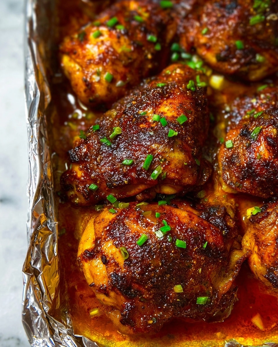 The image shows close-up pieces of baked chicken thighs with a thick, dark brown and crispy crust, speckled with green chopped herbs on top. The skin is caramelized with a mix of shiny and slightly charred textures. The chicken sits in a golden-brown sauce with a rich, oily surface pooling around the edges. The background is a white marbled texture with a hint of foil visible, making the chicken pieces stand out with their warm, roasted colors. photo taken with an iphone --ar 4:5 --v 7
