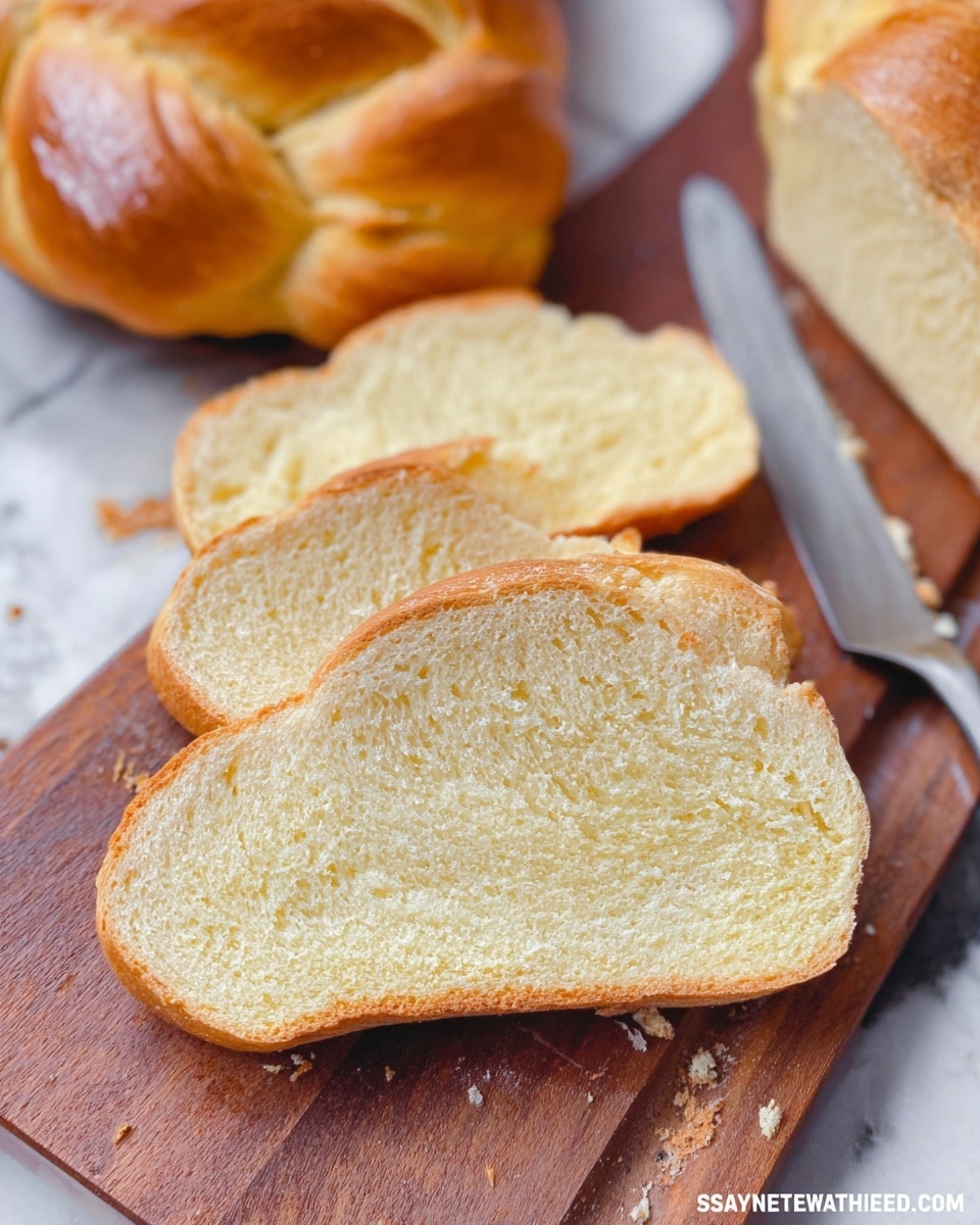 The image shows a close-up view of a white braided bread loaf with a shiny golden-brown crust on top. Next to the loaf are several thick slices, each showing a soft, airy, and light beige inside texture with small holes throughout. Crumbs are scattered around the bread on a white marbled textured surface. A knife is partially visible in the upper right corner. The view focuses closely on the bread’s soft and fluffy texture and the shine of the crust. photo taken with an iphone --ar 4:5 --v 7