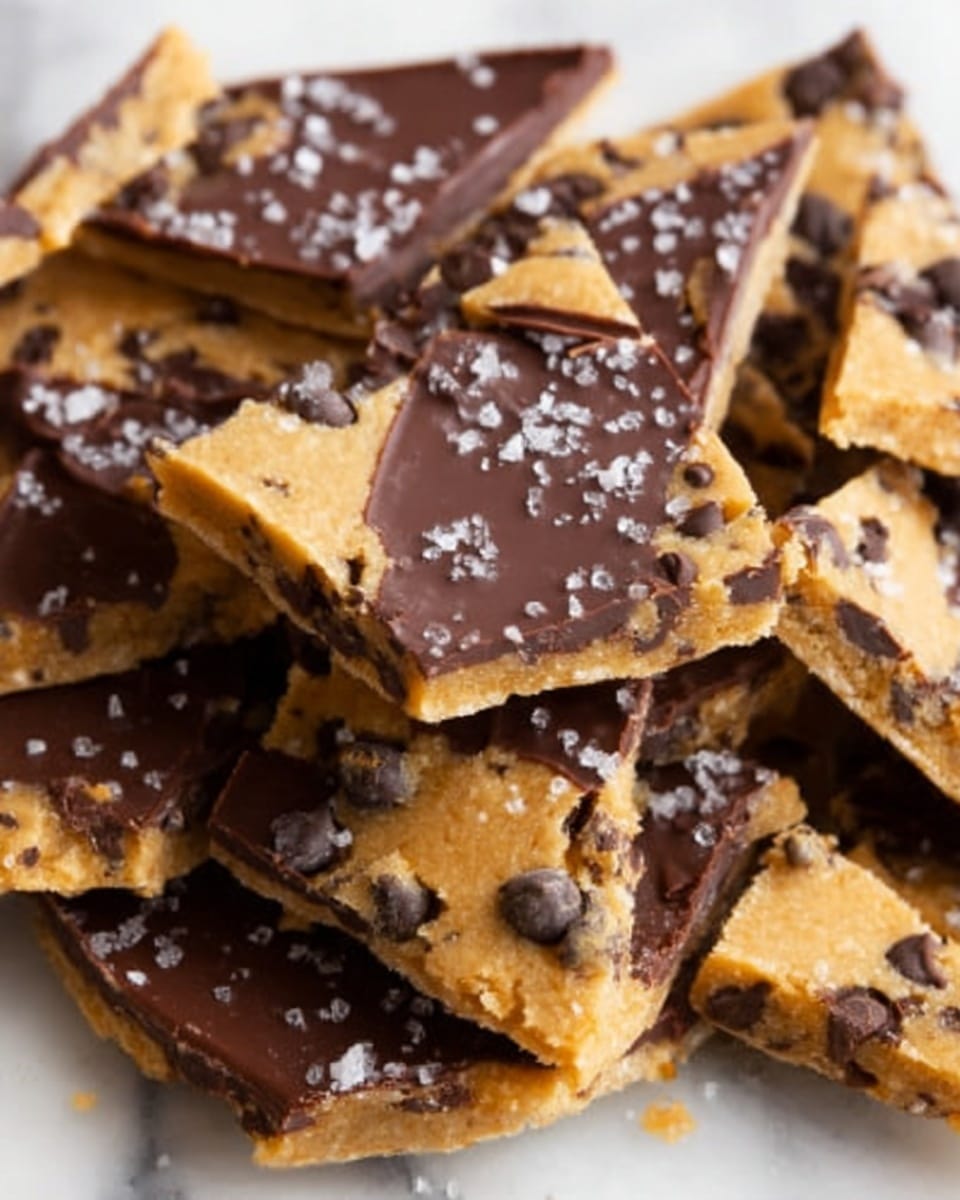 The image shows many pieces of dessert bars that have three layers: the bottom layer is a light brown cookie crust with chocolate chips, the middle layer is a thick dark chocolate topping that is smooth and shiny, and the top is sprinkled with small white salt crystals. The pieces are cut into triangles and arranged closely together on a white marbled surface. Photo taken with an iphone --ar 4:5 --v 7
