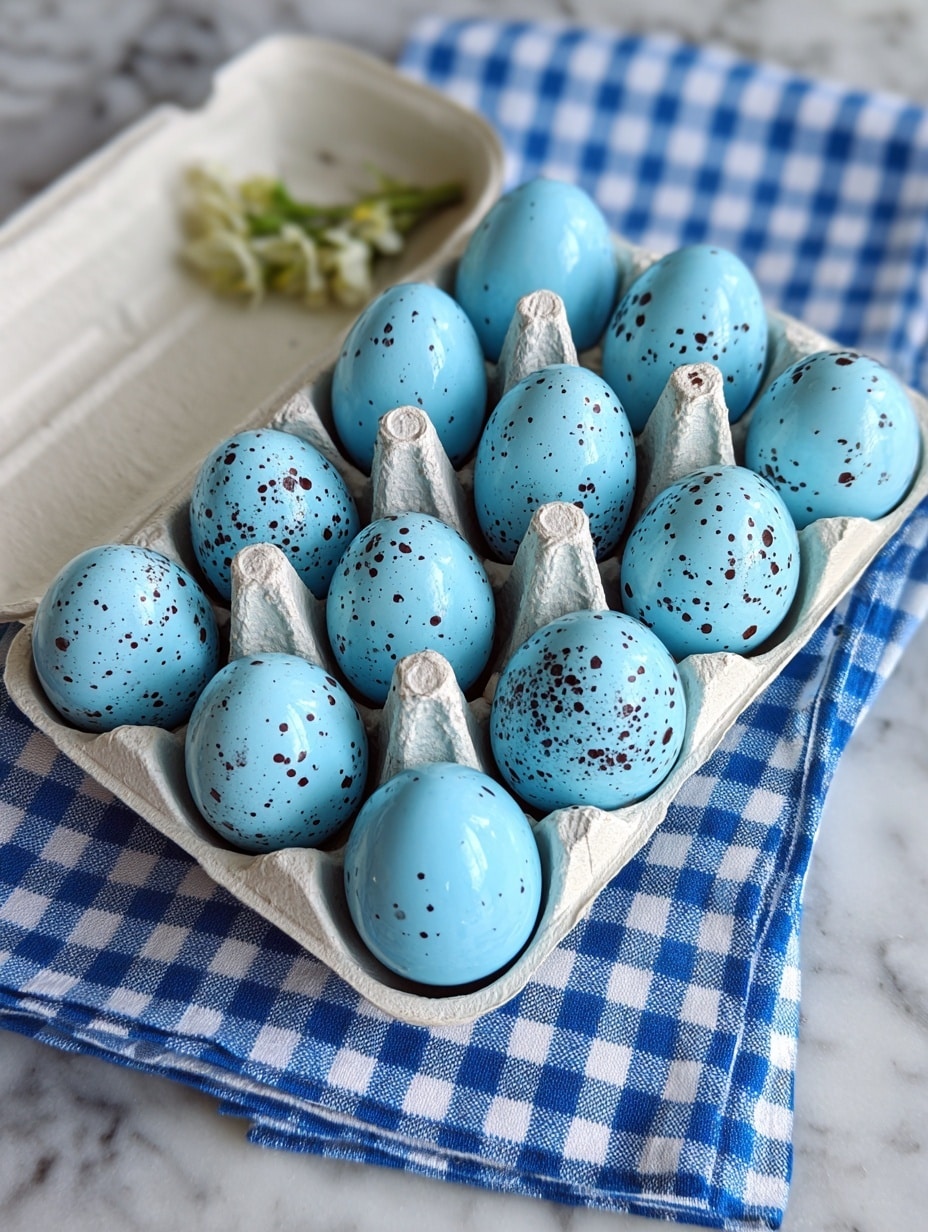 The image shows a white carton holding twelve blue-green eggs with dark speckles, arranged in three rows of four. One egg is cracked open, revealing a bright orange yolk inside. The carton rests on a white marbled surface over a blue and white checkered cloth. The eggs have a smooth texture and are neatly placed in the carton photo taken with an iphone --ar 4:5 --v 7