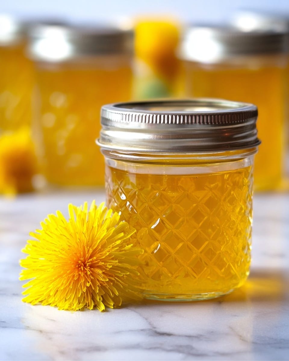 A clear glass jar with a diamond pattern holds a golden yellow jelly, topped with a silver lid. In front of the jar, a bright yellow dandelion flower lies on a white marbled surface. Behind it, there are several blurred jars of the same jelly and one more yellow dandelion flower. The scene has soft natural light giving a fresh look. photo taken with an iphone --ar 4:5 --v 7