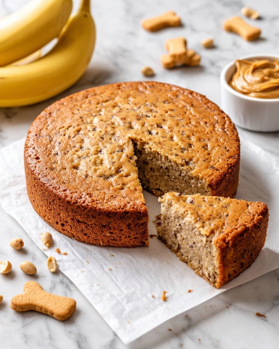 A round, single-layer banana cake with a light brown, slightly crackled top sits on white parchment paper over a white marbled surface. One slice is cut out, showing a moist, textured inside filled with small dark specks from bananas, positioned angled in front of the cake. To the left of the cake are three bone-shaped light beige dog biscuits, with three more biscuits stacked nearby. In the background, two whole yellow bananas rest on the white marbled surface accompanied by a white bowl filled with creamy peanut butter. Photo taken with an iphone --ar 4:5 --v 7