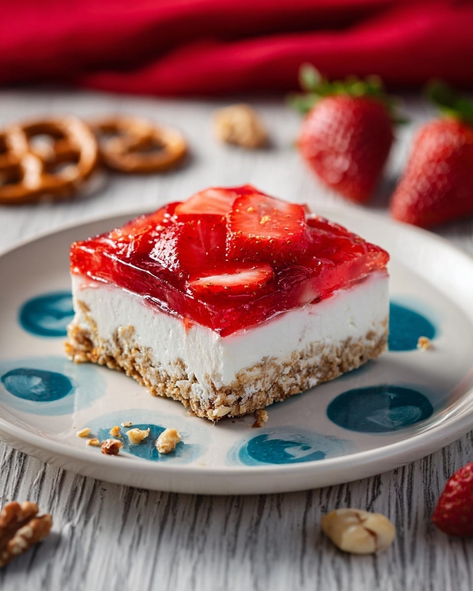 A square slice of dessert with three visible layers: a bottom crunchy light brown crumb layer, a thick middle white creamy layer, and a top glossy red jelly layer studded with sliced strawberries. The dessert sits on a white plate with blue rings on a wooden table with a red cloth on one side and some strawberries and nuts scattered nearby. photo taken with an iphone --ar 4:5 --v 7