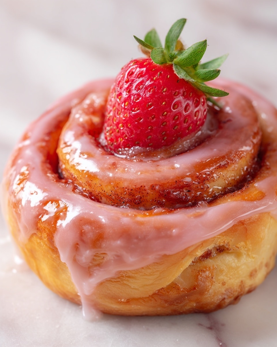 The image shows a close-up of a small cinnamon roll topped with a fresh, bright red strawberry with green leaves at the top, centered on the roll. The cinnamon roll has two visible layers, featuring a golden brown and slightly crispy texture with light pink glaze drizzled over it, adding a shiny, sticky surface. Tiny red crumbs are scattered on and around the glaze. The rolls are placed on a white marbled surface, and parts of other similar cinnamon rolls can be seen blurred in the background. photo taken with an iphone --ar 4:5 --v 7